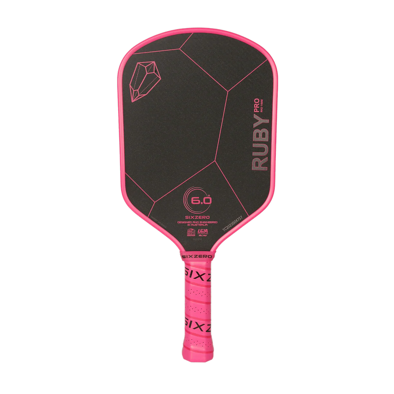Pink and black pickleball paddle with 'Ruby Pro' branding on a white background
