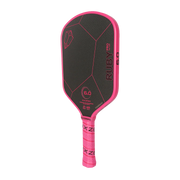 Black and pink pickleball paddle with 'Ruby Pro' branding on a white background