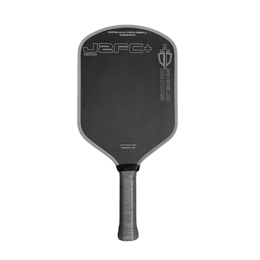 Black pickleball paddle with branding on a white background