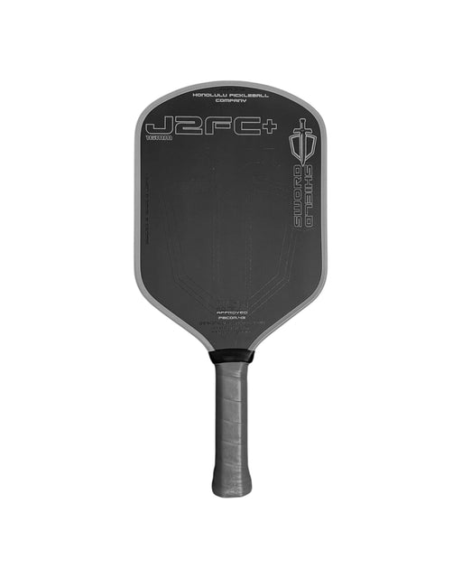 Black pickleball paddle with branding on a white background