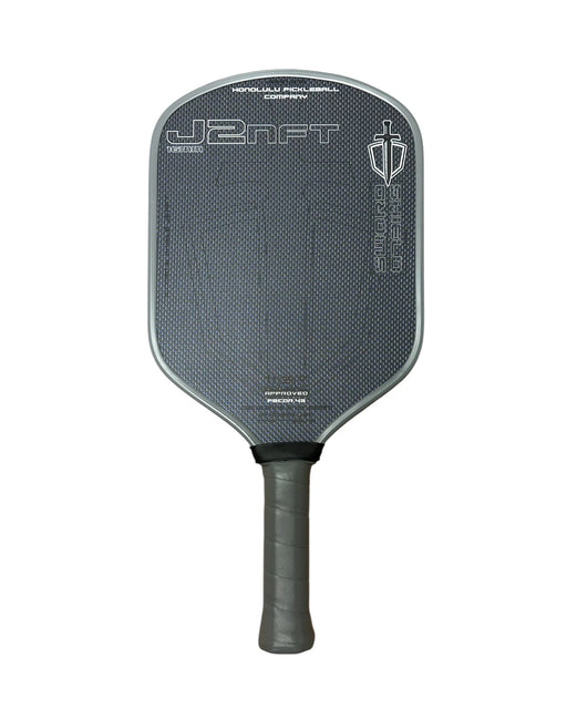 Gray pickleball paddle with branding on a white background