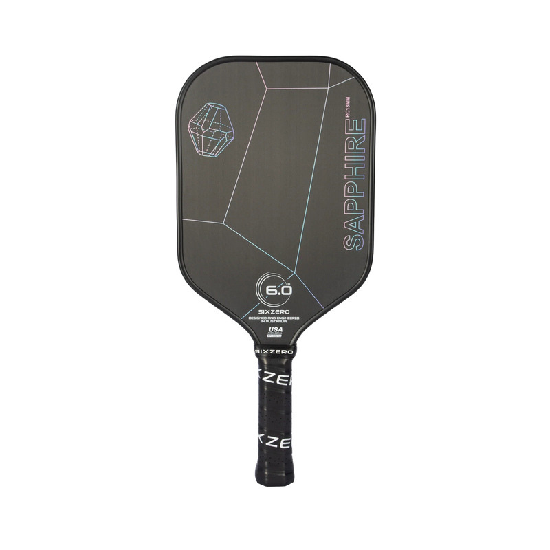 Black pickleball paddle with 'Sapphire' branding on a white background