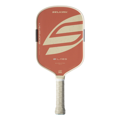 A Selkirk Bodystik pickleball paddle with a terracotta red face, cream-colored graphic accents, and a textured light gray grip, shown against a plain white background.