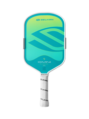 A Selkirk Omni pickleball paddle with a teal and green gradient face, white handle wrap, and black and white Selkirk branding, shown against a solid black background.