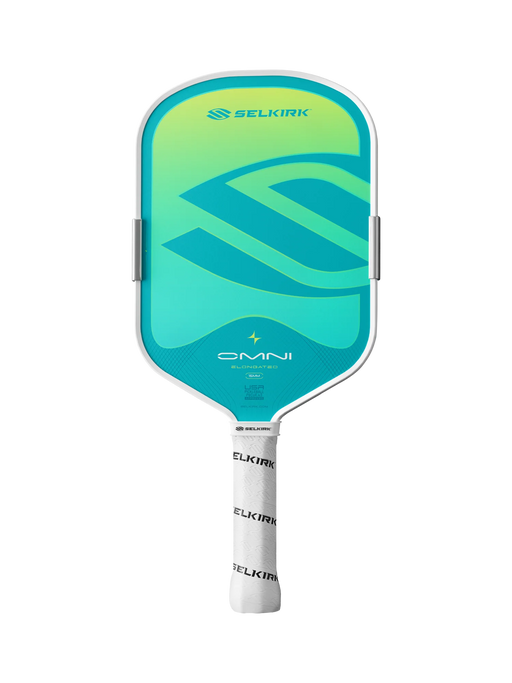 A Selkirk Omni pickleball paddle with a teal and green gradient face, white handle wrap, and black and white Selkirk branding, shown against a solid black background.