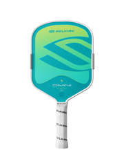 A Selkirk Omni pickleball paddle with a white frame, featuring a green-to-blue gradient face and a white wrapped handle, shown against a solid black background.