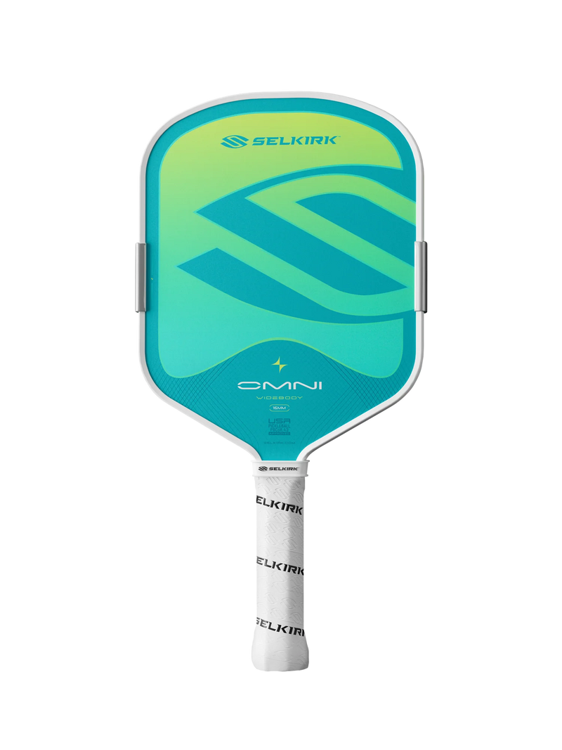 A Selkirk Omni pickleball paddle with a white frame, featuring a green-to-blue gradient face and a white wrapped handle, shown against a solid black background.