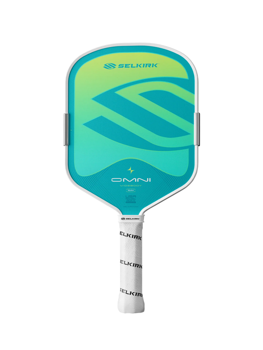 A Selkirk Omni pickleball paddle with a white frame, featuring a green-to-blue gradient face and a white wrapped handle, shown against a solid black background.
