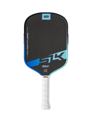 Pickleball paddle with black and blue design on a white background