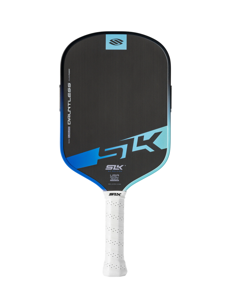 Pickleball paddle with black and blue design on a white background