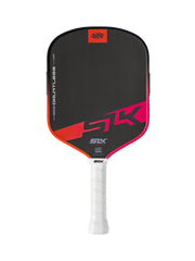 Pickleball paddle with black and red design on a white background