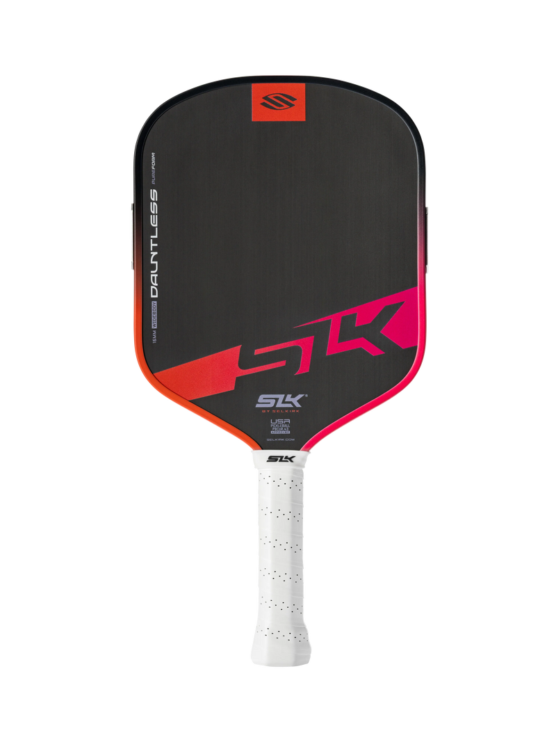 Pickleball paddle with black and red design on a white background