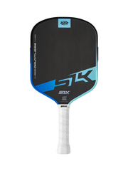 Pickleball paddle with black and blue design on a white background