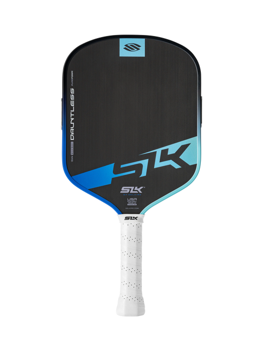 Pickleball paddle with black and blue design on a white background