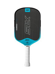 Pickleball paddle with black and blue design on a white background