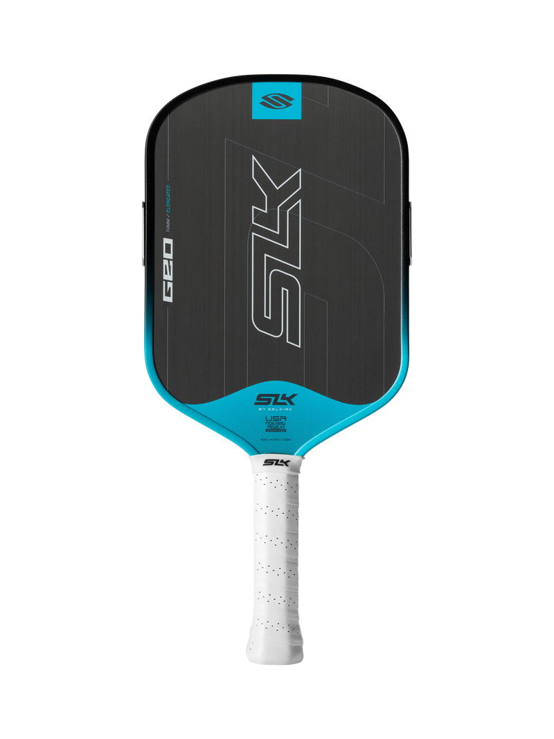 Pickleball paddle with black and blue design on a white background