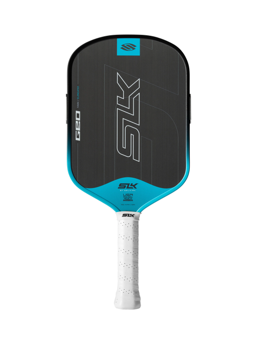 Pickleball paddle with black and blue design on a white background