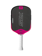 Pink and black pickleball paddle with white handle on a white background
