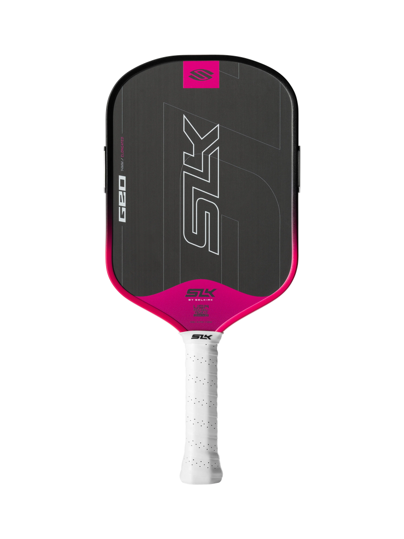 Pink and black pickleball paddle with white handle on a white background