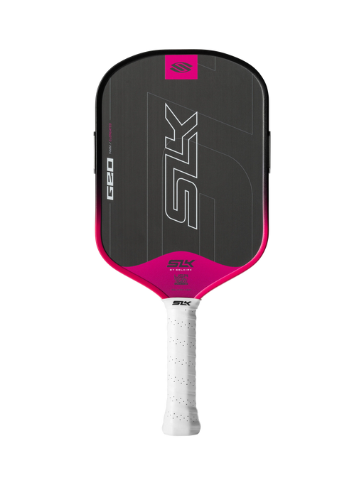 Pink and black pickleball paddle with white handle on a white background