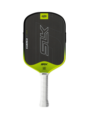 Pickleball paddle with black and green design on a white background