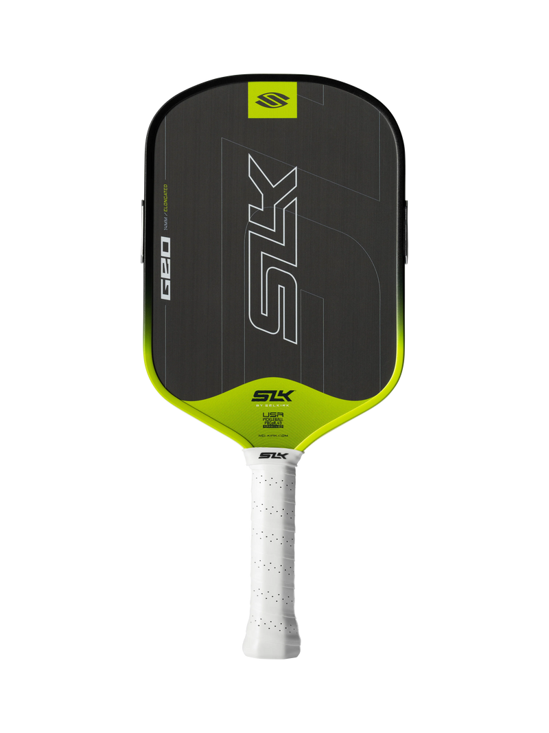 Pickleball paddle with black and green design on a white background