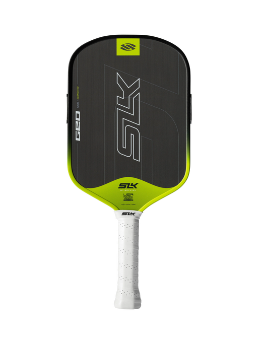 Pickleball paddle with black and green design on a white background