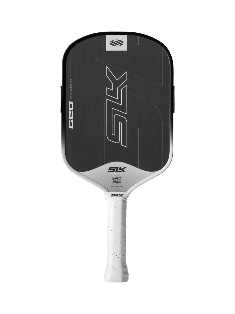Pickleball paddle with black face and white handle on a white background