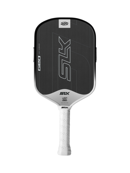 Pickleball paddle with black face and white handle on a white background