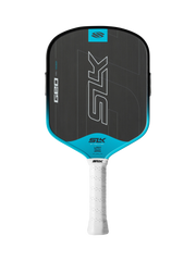 Pickleball paddle with black and blue design on a white background