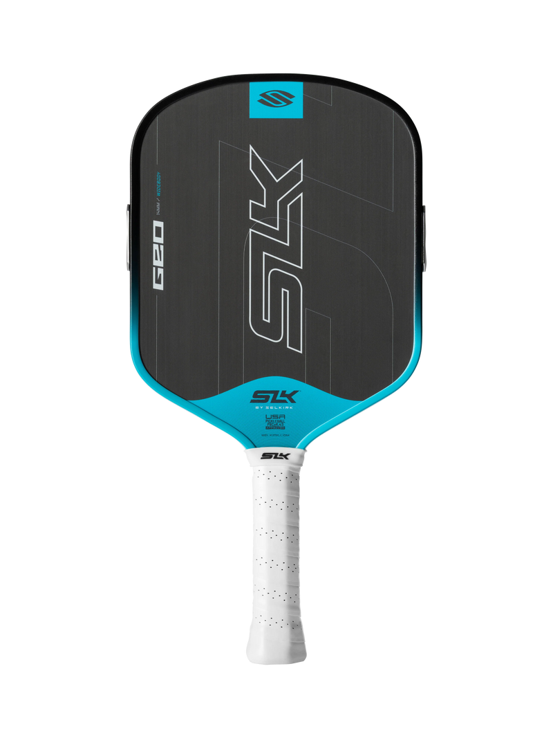 Pickleball paddle with black and blue design on a white background