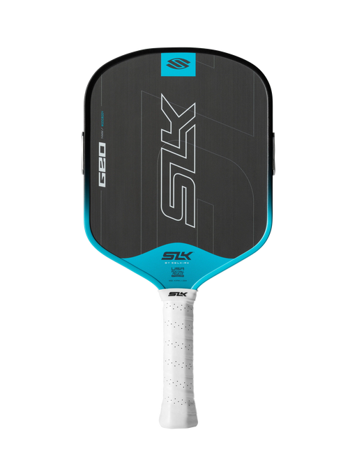 Pickleball paddle with black and blue design on a white background