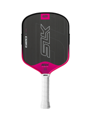 Pickleball paddle with black and pink design on a white background
