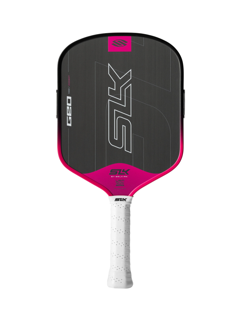 Pickleball paddle with black and pink design on a white background