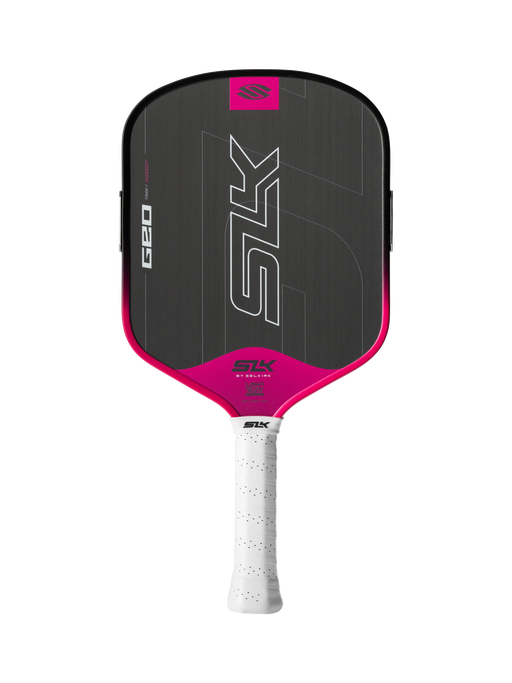 Pickleball paddle with black and pink design on a white background