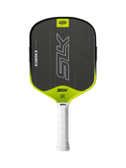 Pickleball paddle with black and green design on a white background