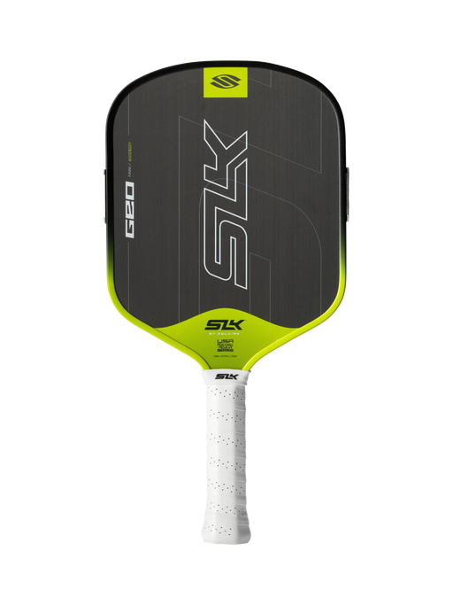 Pickleball paddle with black and green design on a white background