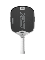 Black pickleball paddle with white handle on a white background