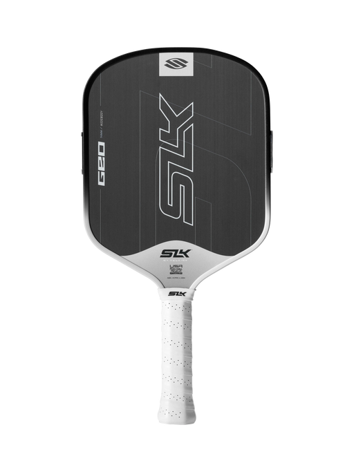 Black pickleball paddle with white handle on a white background