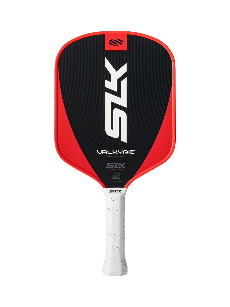 Red and black pickleball paddle with white handle on a white background