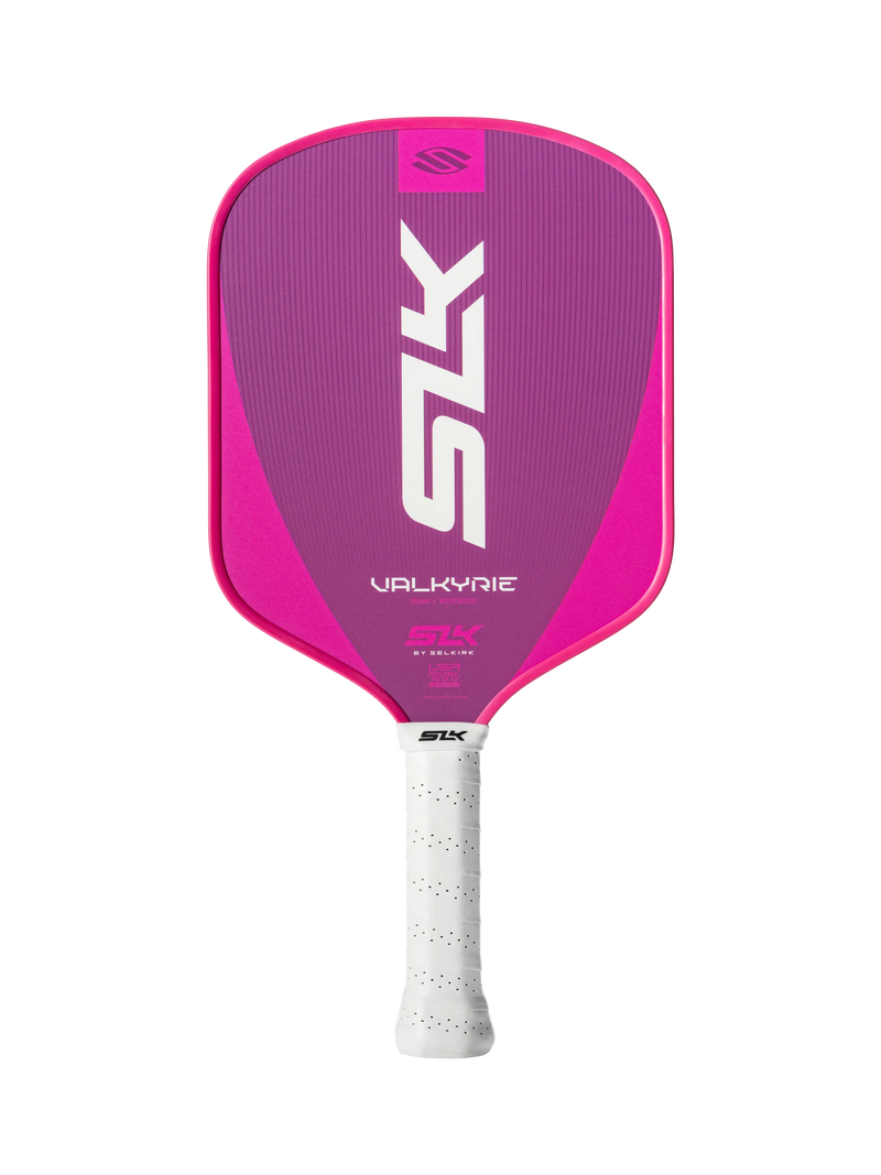 Pink pickleball paddle with white handle on a white background