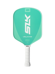 Teal pickleball paddle with white handle on a white background