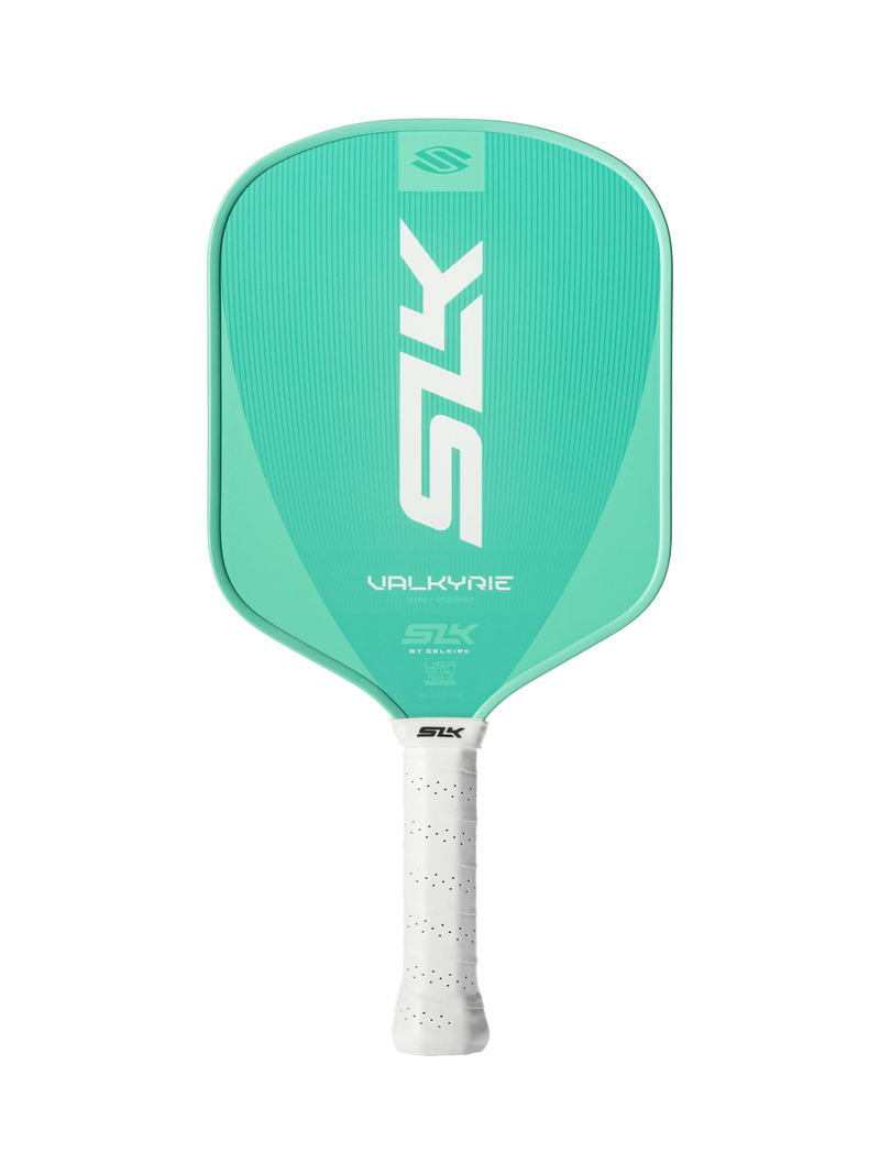 Teal pickleball paddle with white handle on a white background