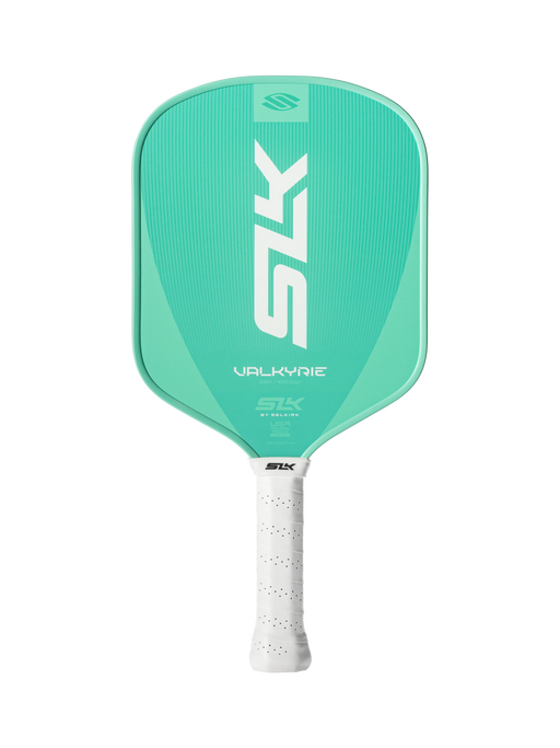 Teal pickleball paddle with white handle on a white background