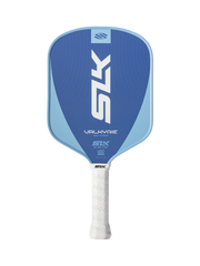 Blue and white pickleball paddle with 'SLK' branding on a white background