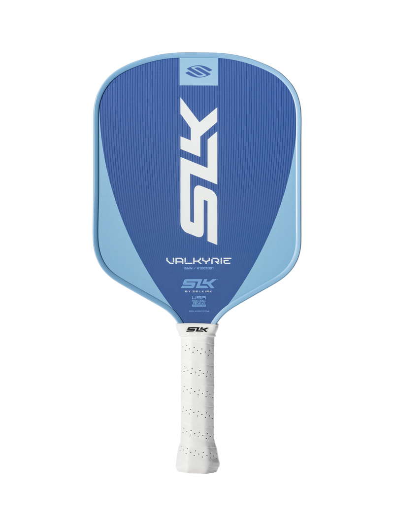 Blue and white pickleball paddle with 'SLK' branding on a white background