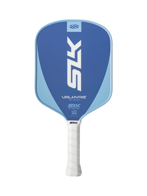 Blue and white pickleball paddle with 'SLK' branding on a white background