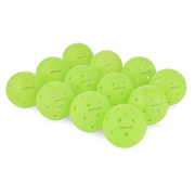 Green pickleball balls arranged on a white background