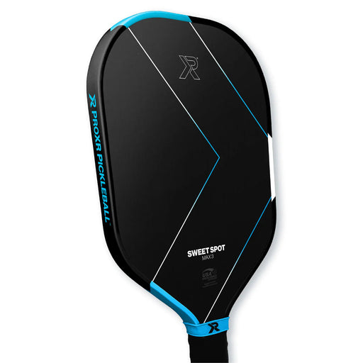 Black pickleball paddle with blue accents on a white background