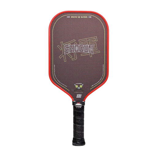 Pickleball paddle with red border and black handle on a white background